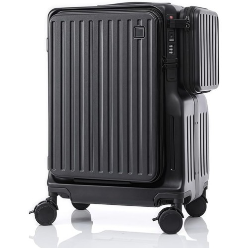 Skycare Carry On Luggage - Airline Lightweight Hardside Spinner Suitcase, USB Charging, Front Pocket, and Cup Holder (Black)