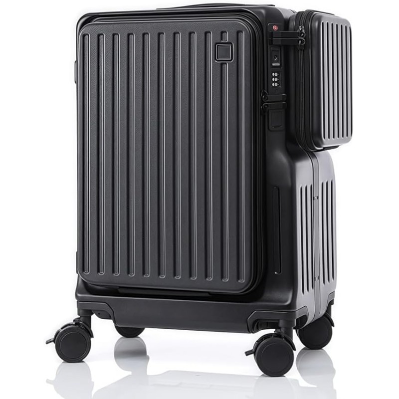 Skycare Carry On Luggage - Airline Lightweight Hardside Spinner Suitcase, USB Charging, Front Pocket, and Cup Holder (Black)